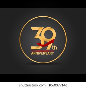 39th anniversary design golden color with ring and red ribbon isolated on black background for celebration