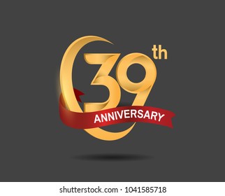 39th anniversary design logotype golden color with ring and red ribbon for celebration