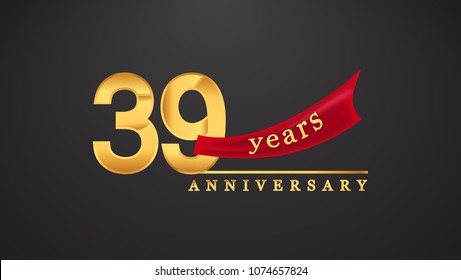 39th anniversary design logotype golden color with red ribbon for anniversary celebration