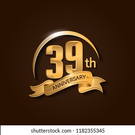 39th Anniversary design logotype. Anniversary logo design with swoosh and elegance golden ribbon. Vector template for use celebration, invitation card, and greeting card