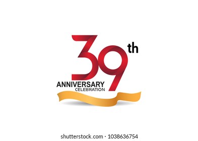 39th anniversary design logotype red color and golden ribbon for celebration isolated on white background