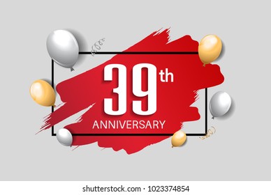 39th anniversary design with red brush, balloons, and square isolated on white background for celebration