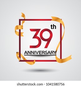 39th anniversary design with red color in square and golden ribbon isolated on white background for celebration