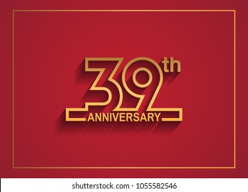 39th anniversary design with simple line style golden color isolated on red background for celebration event