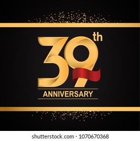 39th anniversary golden design with red ribbon and glitter isolated on black background for celebration