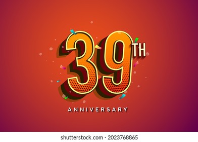 39th Anniversary Logo Design With Colorful Confetti, Birthday Greeting card with Colorful design elements for banner and invitation card of anniversary celebration.