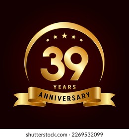 39th Anniversary logo design with golden ribbon. Logo Vector Template Illustration