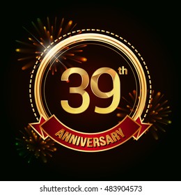 39th anniversary logo golden colored using ring, red ribbon, and fireworks background