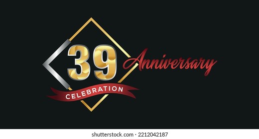 Logo del 39º aniversario con caja dorada y plateada, confeti y cinta roja aislados en elegante fondo negro, diseño vectorial para tarjeta de saludo y tarjeta de invitación
