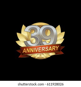 39th Anniversary logo with golden wreath, silver number, red ribbon, black background