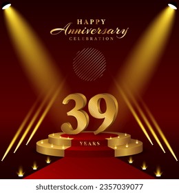 39th anniversary logo with numbers and podium in gold color, logo design for celebration event, invitation, greeting card, banner, poster, and flyer, vector template