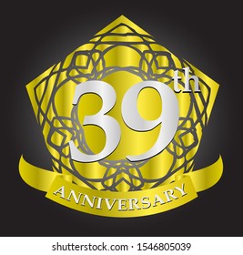39th anniversary logo with silver and gold ribbon. Vector design template elements for your birthday celebration.