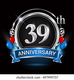 39th anniversary logo with silver ring,balloons and blue ribbon. Vector design template elements for your birthday celebration.