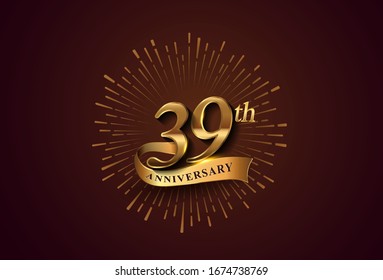 39th anniversary logotype with fireworks and golden ribbon, isolated on elegant background. vector anniversary for celebration, invitation card, and greeting card.