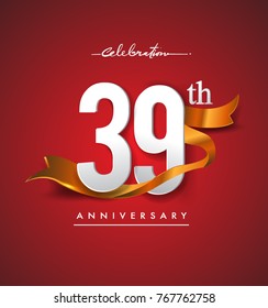 39th anniversary logotype with golden ribbon isolated on red elegance background, vector design for birthday celebration, greeting card and invitation card.