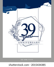 39th Anniversary logotype with hand drawn background blue color for celebration event, wedding, greeting card, and invitation.