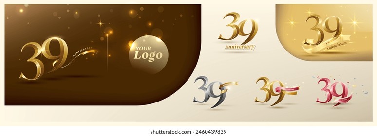 39th anniversary logotype modern gold number with shiny ribbon. alternative logo number Golden anniversary celebration