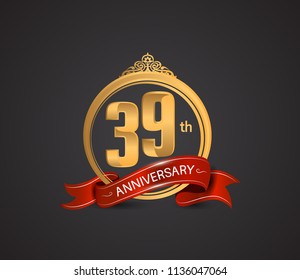 39th anniversary logotype style design luxury  golden color and ornament with warp red ribbon for company celebration event