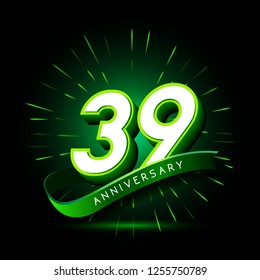 39th anniversary neon text vector design template. green number neon logo, light banner design element colorful design trend, night bright advertising neon text anniversary event party template