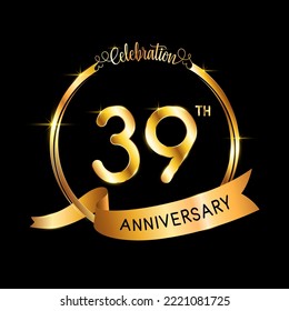 39° Aniversario. Diseño perfecto de plantilla para el evento de celebración del aniversario con cinta y anillo de color dorado, ilustración vectorial