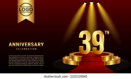 39th Anniversary. Template design with golden stage for celebration event, wedding, greeting card and invitation card. Vector illustration EPS10