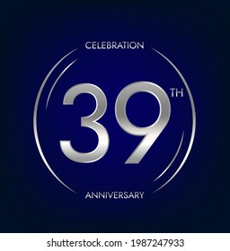 39th anniversary. Thirty-nine years birthday celebration banner in silver color. Circular logo with elegant number design.