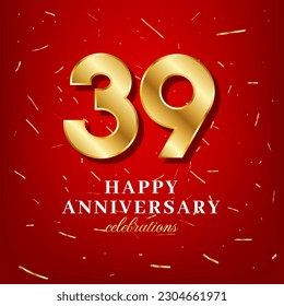 39th anniversary vector template with a golden number and golden confetti spread on a red background