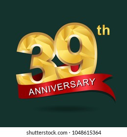 39th anniversary years celebration logotype. Logo gold numbers and ribbon gray background. 