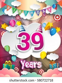 39th Birthday Celebration greeting card Design, with clouds and balloons. Vector elements for the celebration party of thirty nine years anniversary