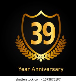 39th gold anniversary celebration logo with golden color and laurel wreath vector design
