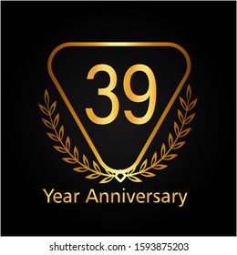 39th gold anniversary celebration logo with golden color and laurel wreath vector design