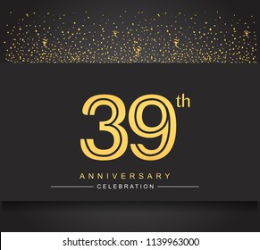 39th golden anniversary celebration logotype with confetti golden color isolated on black background, vector design for greeting card and invitation card