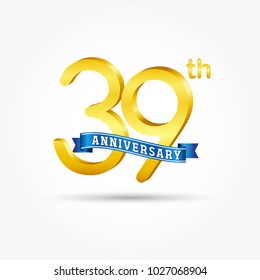 39th golden Anniversary logo with blue ribbon isolated on white background. 3d gold 39th Anniversary logo