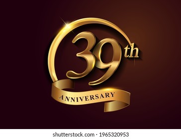 39th golden anniversary logo with gold ring and golden ribbon, vector design for birthday celebration, invitation card.
