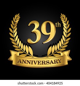 39th golden anniversary logo with ring and ribbon, laurel wreath vector design isolated on black background