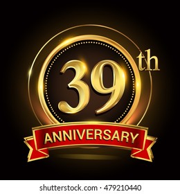 39th golden anniversary logo with ring and ribbon. Vector design template elements for your birthday celebration.
