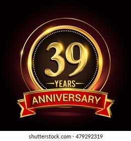 39th golden anniversary logo with ring and red ribbon. Vector design template elements for your birthday celebration.