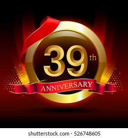 39th golden anniversary logo with ring and red ribbon. Vector design template elements for your birthday celebration.