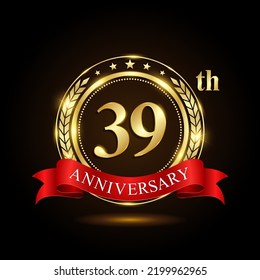 39th golden anniversary logo, with shiny ring and red ribbon, Laurel wrath isolated on black background, vector design