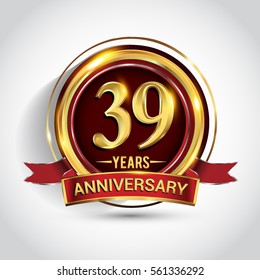 39th golden anniversary logo, thirty nine years birthday celebration with ring and red ribbon isolated on white background