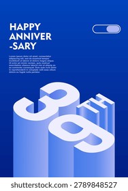 39th Modern anniversary poster template featuring a bold 3d isometric number on a vibrant blue background.