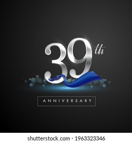 Logo del 39º aniversario de plata con cinta azul aislada en un fondo elegante, brillo, diseño vectorial para tarjeta de felicitación y tarjeta de invitación.