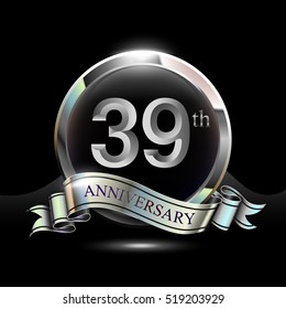 39th silver anniversary logo, vector celebration design with ring and ribbon.