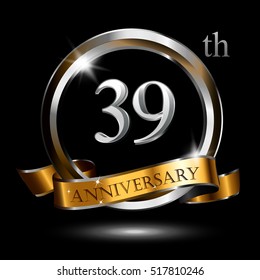 39th silver and gold anniversary logo, vector celebration design with ring and ribbon.