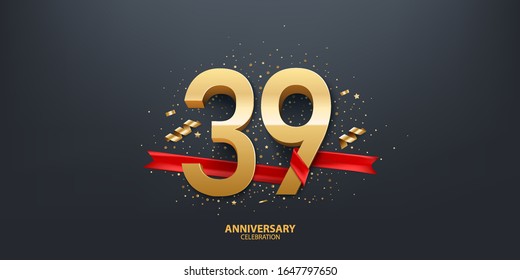 39th Year anniversary celebration background. 3D Golden number wrapped with red ribbon and confetti on black background.