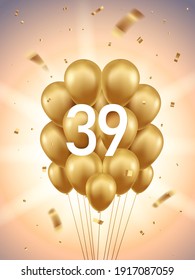 Antecedentes de la celebración del 39º aniversario. Globos dorados y confeti con vigas de sol de fondo.
