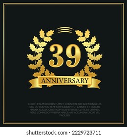 39th Year anniversary celebration background.  Golden numbers with gold ribbon, vector design.
