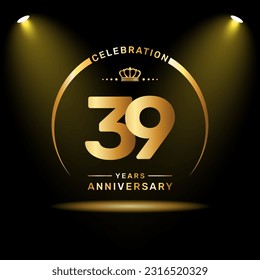 39th year anniversary celebration logo design with gold color number and ring, logo vector template