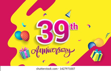 39th Years Anniversary Celebration Design, with gift box and balloons, ribbon, Colorful Vector template elements for your birthday celebrating party.