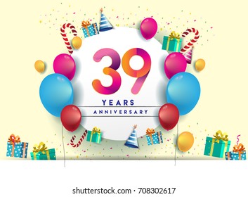 39th years Anniversary Celebration Design with balloons and gift box, Colorful design elements for banner and invitation card.